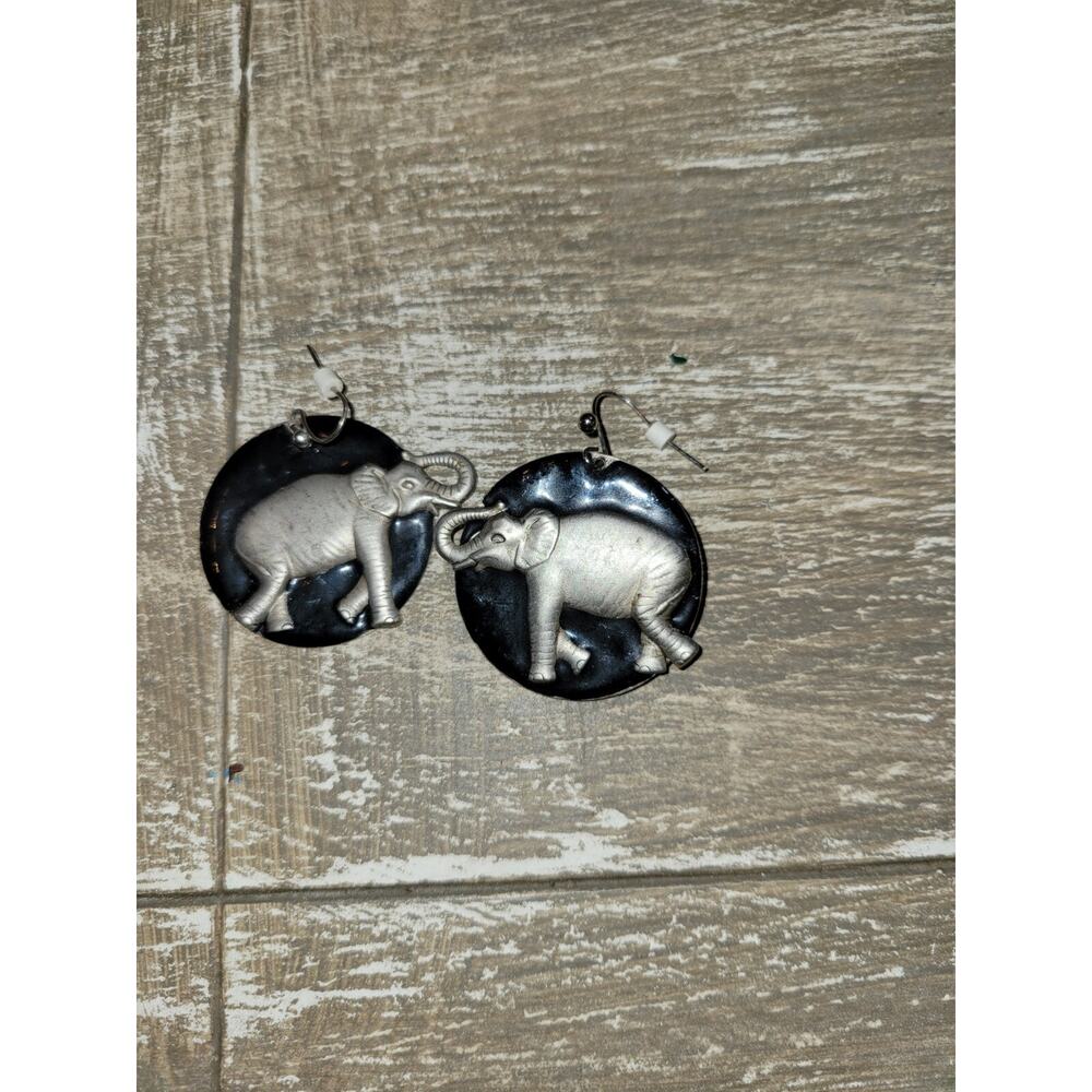 Round Hammered Metal And Black Elephant Earrings